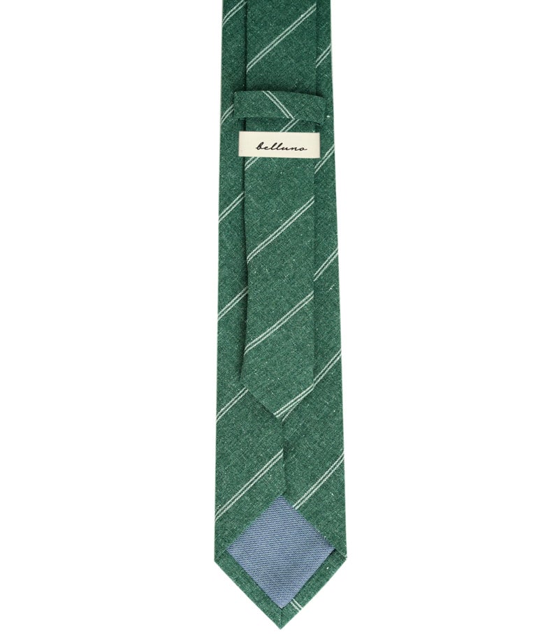 BELLUNO 2.5 inch Skinny Tie for Men, Cotton Linen Slim Neckties Green Stripe - Image 4